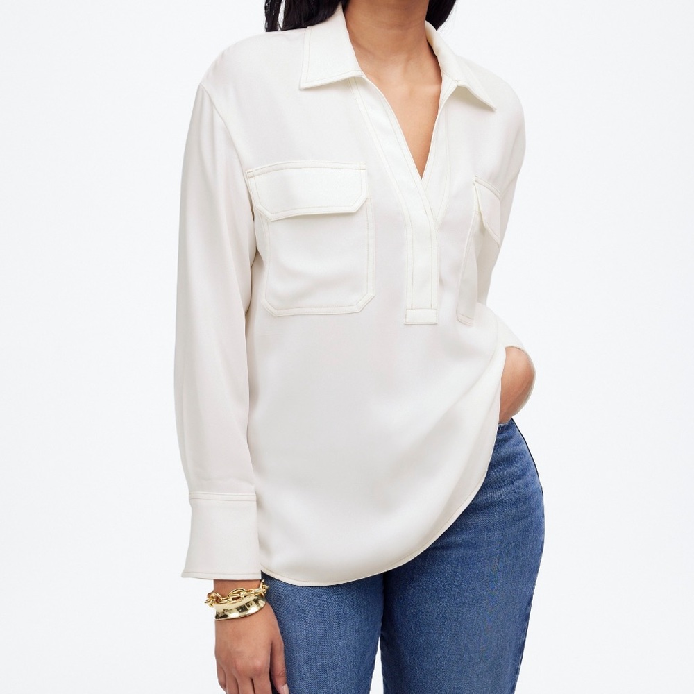 Madewell Contrast Stitch Winter White Popover Top Patch Pocket Blouse New w/ Tag